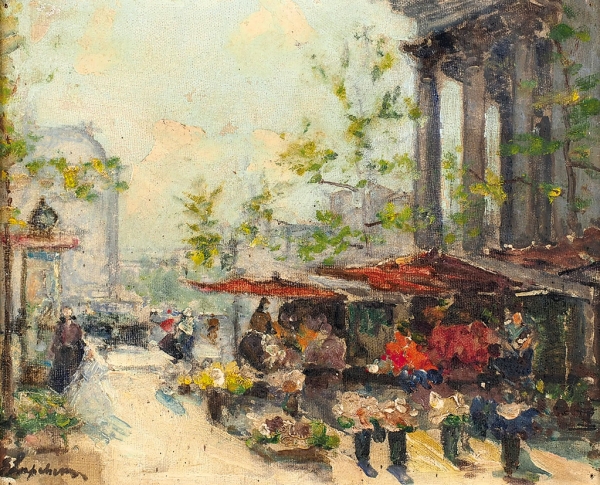 Лапшин Георгий Александрович (1885–1950) «Цветочный рынок». 1930-е. Доска, масло, 18,5x23 см.
