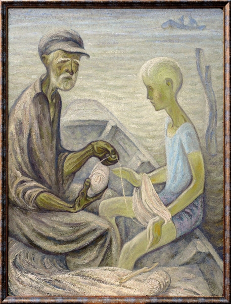 Иванов Юрий Петрович (род. 1939) «Дед с внуком». 1966. Оргалит, масло, 160x119 см.