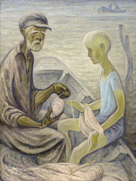Иванов Юрий Петрович (род. 1939) «Дед с внуком». 1966. Оргалит, масло, 160x119 см.