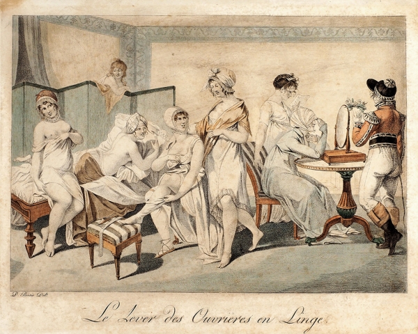 Неизвестный гравер по оригиналу Бозио Жана-Батиста Франсуа (Jean-Baptiste Franсois Bosio) (1746–1827) «Утро прачек (Le Lever des Ouvrieres en Linge)». 1817. Бумага, резец, пунктир, акварель, 26,7x33,3 см (лист).