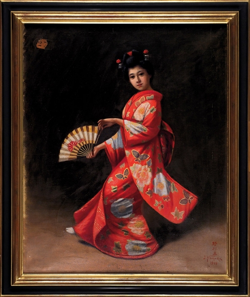 J. Nomura (конец XIX — начало XX) «Девушка в красном кимоно». 1909. Холст, масло, 61x50 см.