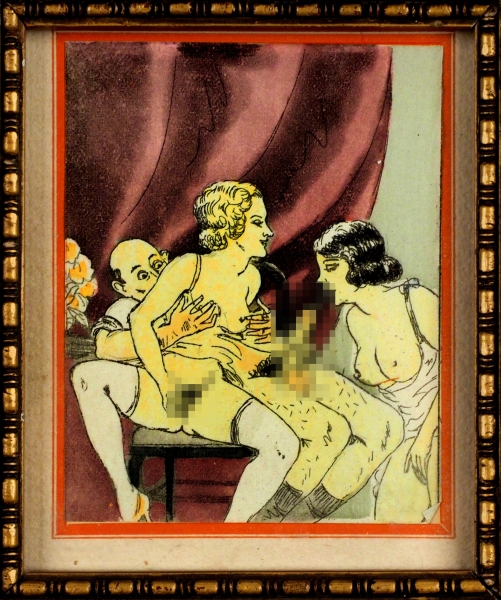 [Развлечения вуайеристов] Семь эротических цветных гравюр. Б.м., б.г. [первая пол. ХХ в.].