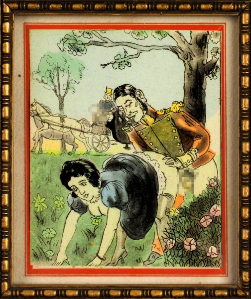 [Развлечения вуайеристов] Семь эротических цветных гравюр. Б.м., б.г. [первая пол. ХХ в.].