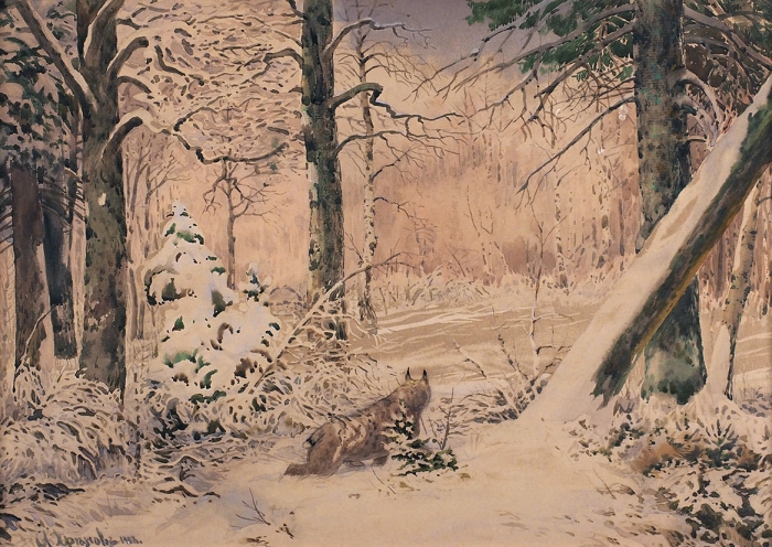 Хренов Александр Сергеевич (1860–1926) «Рысь. В зимнем лесу». 1908. Картон, акварель, 41x56,5 см.