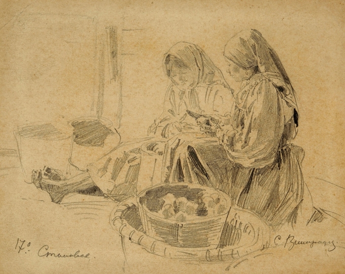 Виноградов Сергей Арсеньевич (1869–1938) «Крестьянские девочки». 1890-е. Бумага, графитный карандаш, 12,3x15,6 см.