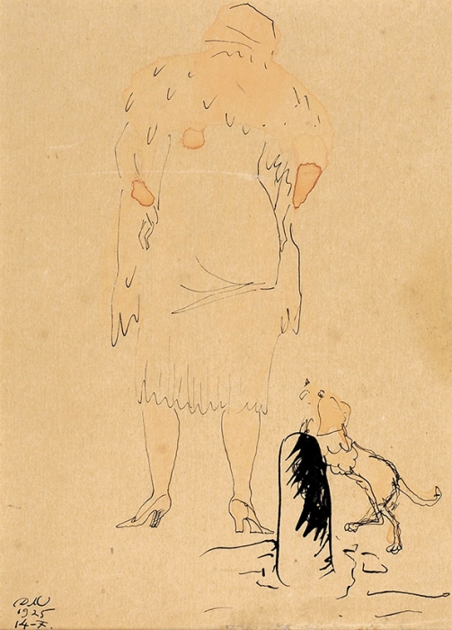 Митрохин Дмитрий Исидорович (1883–1973) «Нэпманша с собачкой». 1925. Бумага, тушь, перо, акварель, 15,8x11,5 см.
