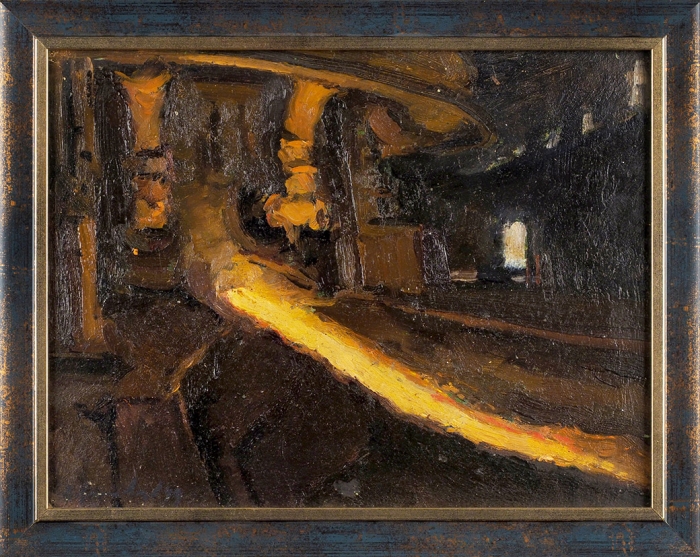Ленивцев Владимир Андрианович (1927–2018) «Идет шлак». 1949. Картон, масло, 23,5x31 см.