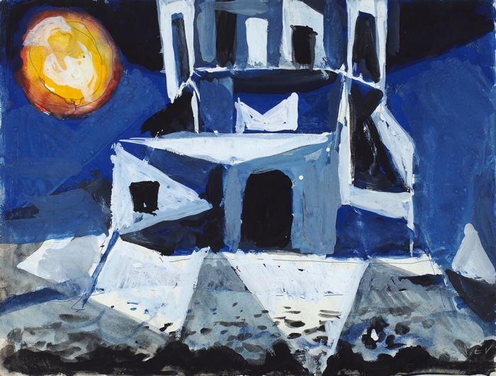 Исаев Николай Александрович (1891–1977) «Башня и луна». 1960-е. Бумага, гуашь, 23,7x31,3 см.