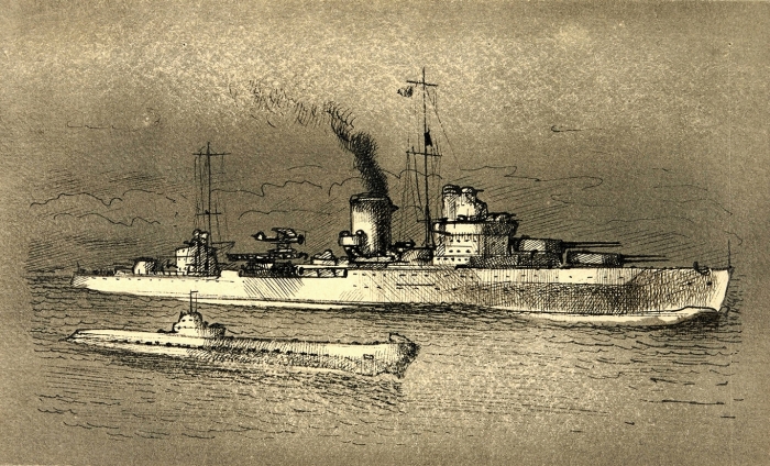 Тамби Владимир Александрович (1906–1955) «Боевой корабль и подводная лодка». 1940-е. Бумага, тушь, перо, акварель, 8x13,2 см.