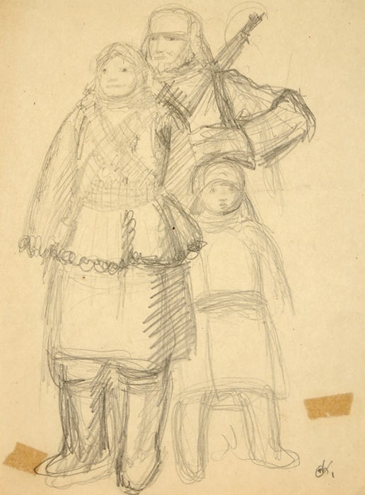 Кольцов Сергей Васильевич (1892–1951) «Семья». 1940-е. Бумага, графитный карандаш, 19,5x14,5 см.